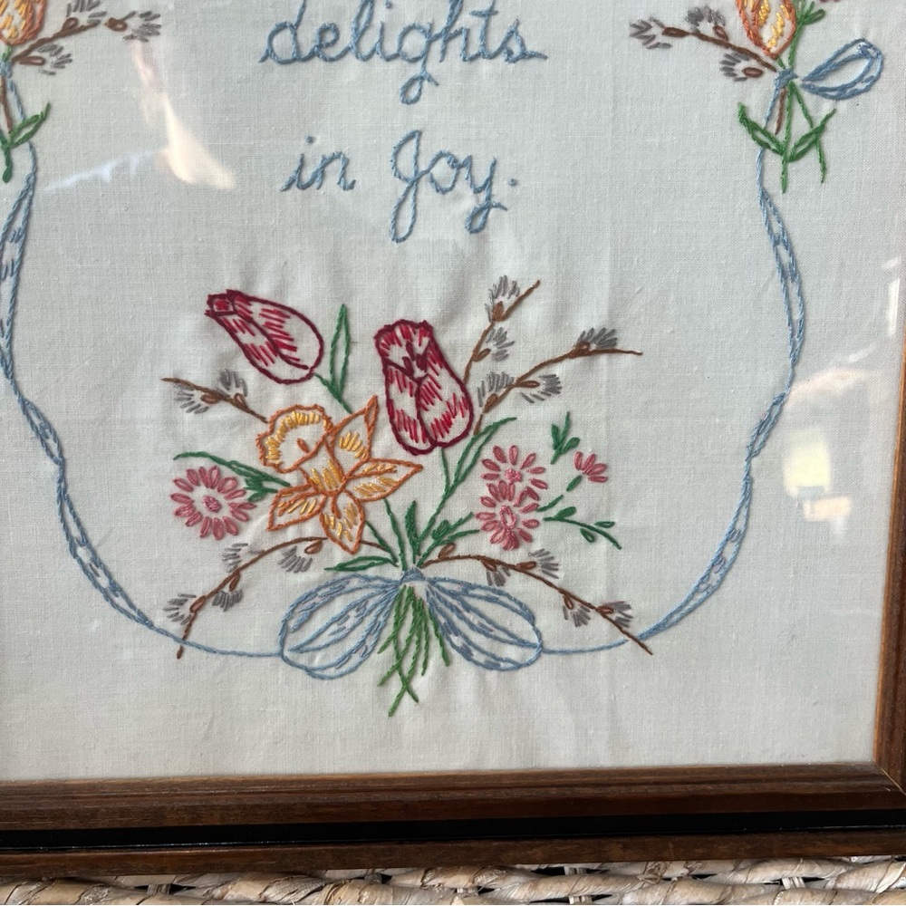 joy delights in joy embroidered framed Piece Flowers 12.5” X 15.5” Grandma Core - Picture 3 of 8